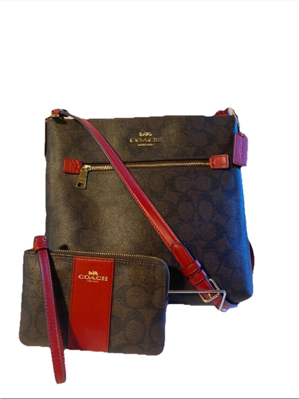 Coach Rowan File Crossbody Bag & Corner Zip Wristlet Set Brown Red